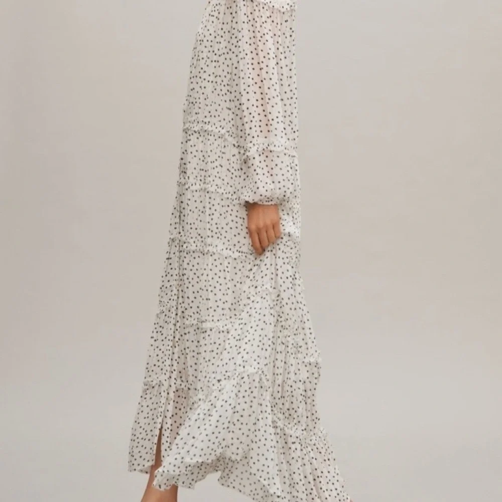 Anthropologie Long-Sleeve Smocked Tiered Maxi Dress Polka Dot Relax